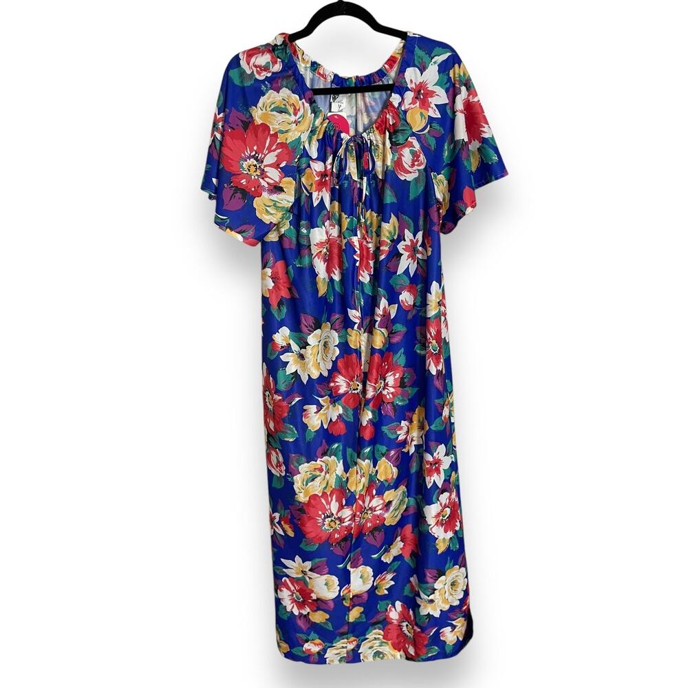 Vintage 80s Take 5 Blue Colorful Floral Lounge Dress Kaftan Muumuu Size Medium - Picture 1 of 4
